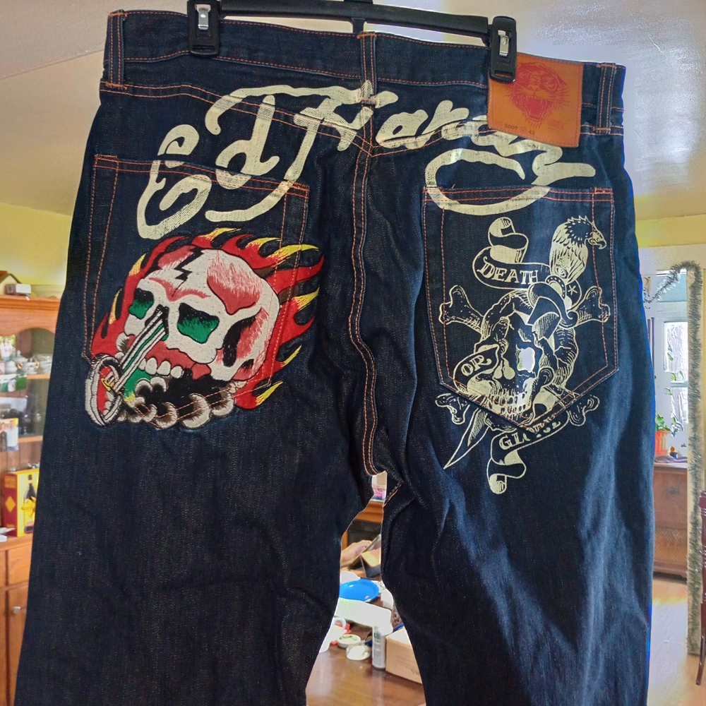 Ed Hardy Men's Dark Jeans with Colorful Graphics